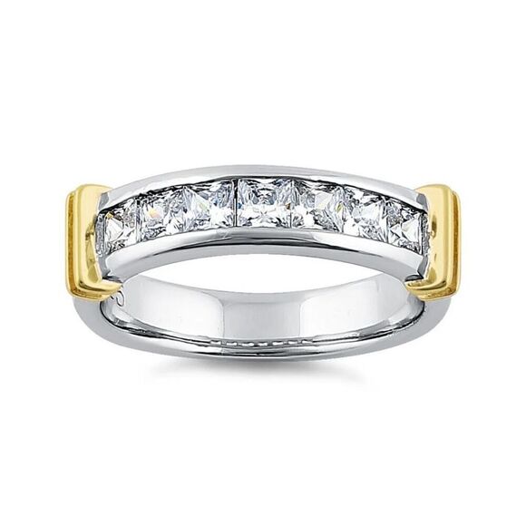 Sterling Silver Men's Two Tone Yellow Gold Wedding Band CZ Ring New - Picture 2 of 4